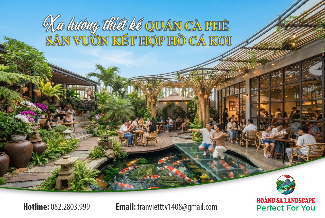 Xu hướng thiết kế quán cà phê sân vườn kết hợp hồ cá Koi